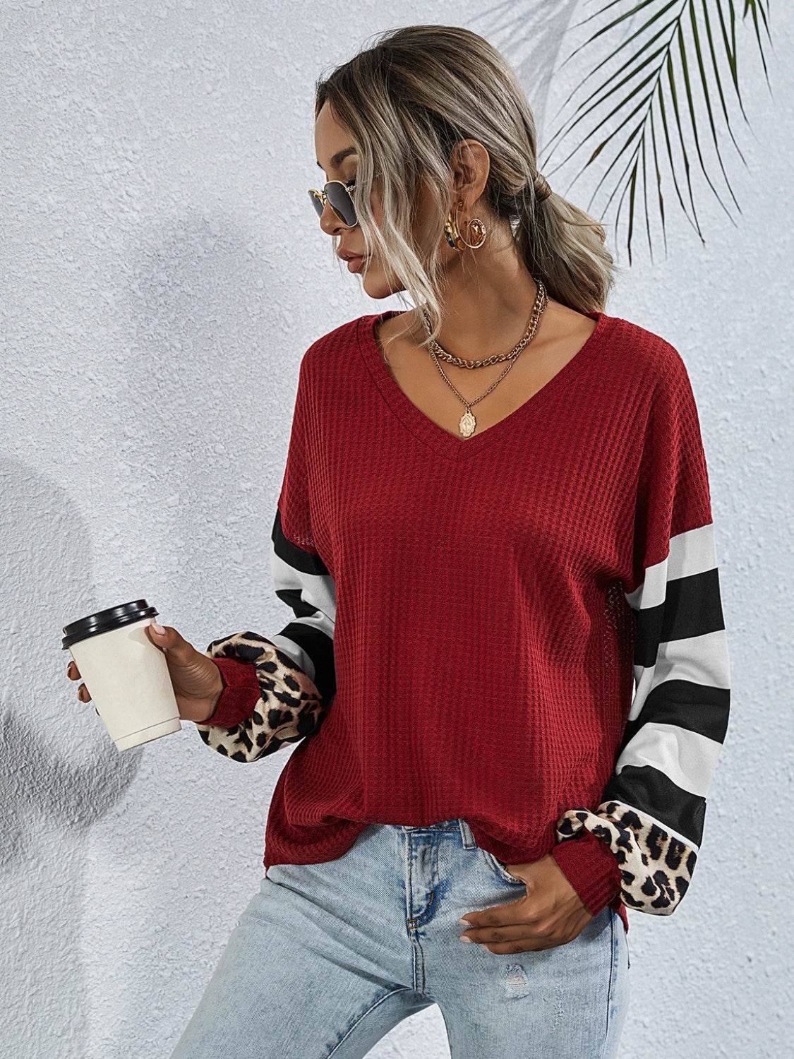 Leopard Striped Waffle-Knit Top Wine for a perfect OOTD – dress to impress outfits from Amexza