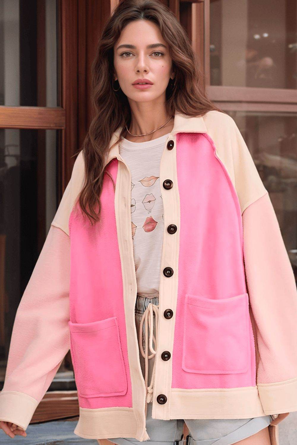 Contrast High Low Button Up Fleece Shacket Pink for a perfect OOTD – dress to impress outfits from Amexza