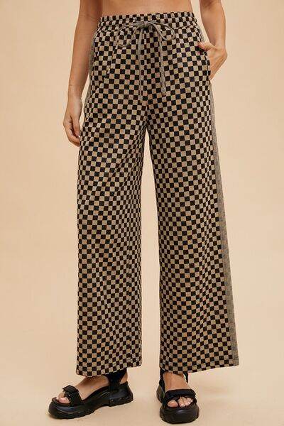 Annie Wear Drawstring Checkered Wide Leg Pants - Amexza