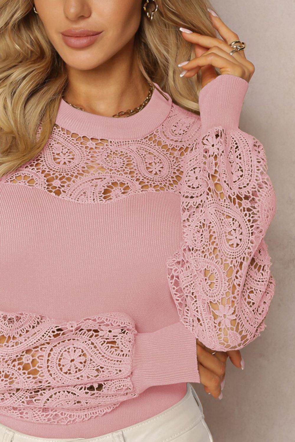 Lace Patchwork Round Neck Long Sleeve Blouse for a perfect OOTD – dress to impress outfits from Amexza