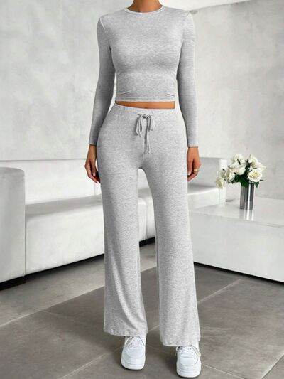 Round Neck Long Sleeve Top and Drawstring Pants Set Light Gray for a perfect OOTD – dress to impress outfits from Amexza