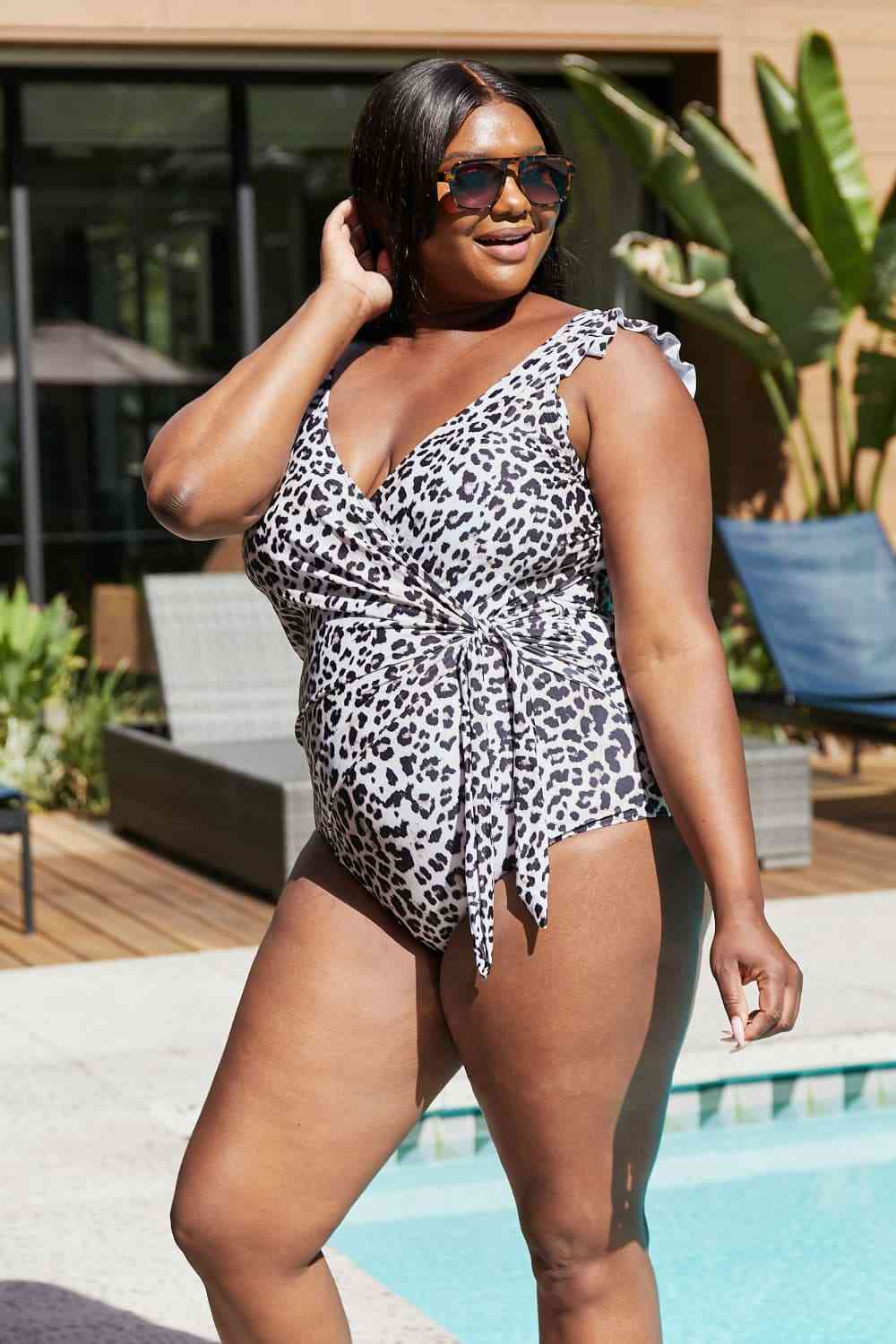 Marina West Swim Full Size Float On Ruffle Faux Wrap One-Piece in Cat for a perfect OOTD – dress to impress outfits from Amexza