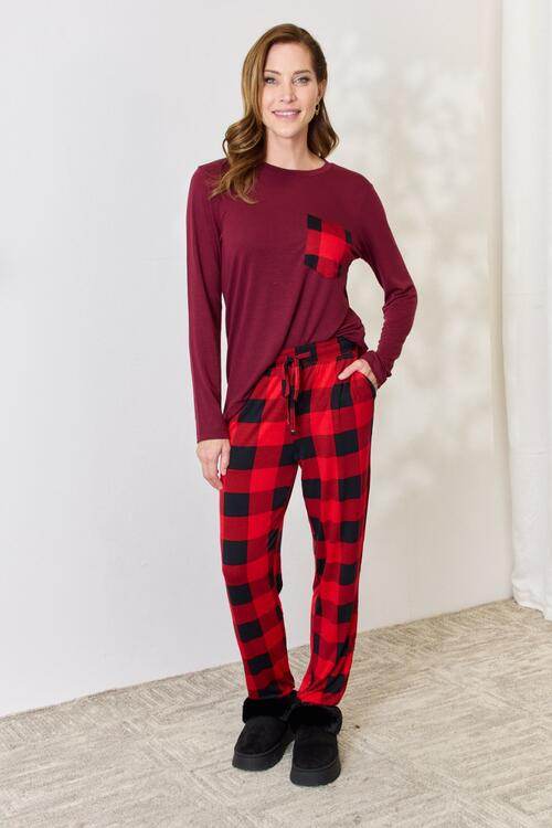 Zenana Full Size Plaid Round Neck Top and Pants Pajama Set for a perfect OOTD – dress to impress outfits from Amexza