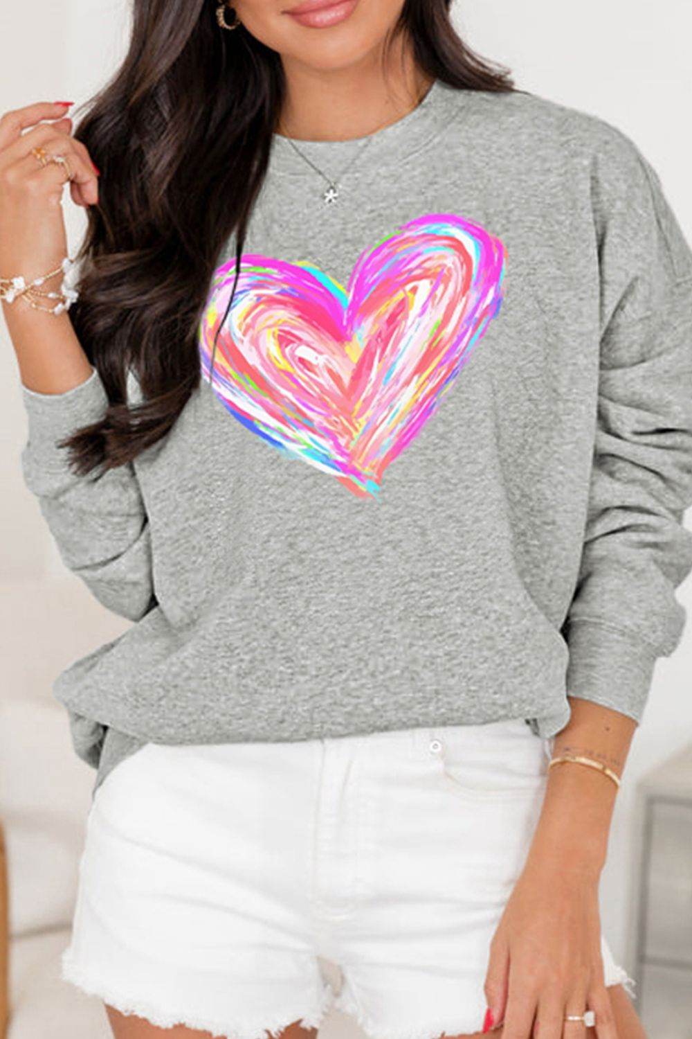 Valentine’s Day Heart Round Neck Drop Shoulder Sweatshirt for a perfect OOTD – dress to impress outfits from Amexza