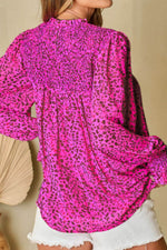 Ruched Leopard Mock Neck Long Sleeve Blouse - Amexza