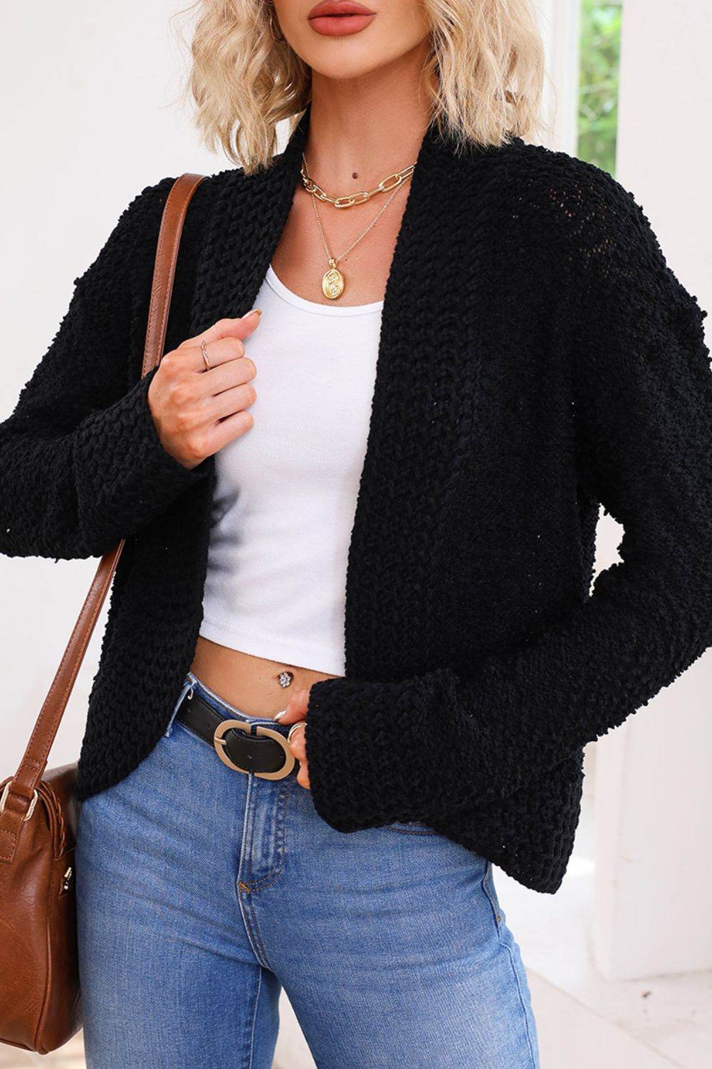 Solid Color Open Front Cardigan Black for a perfect OOTD – dress to impress outfits from Amexza