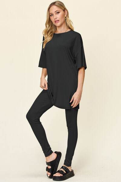 Double Take Full Size Round Neck Dropped Shoulder T-Shirt and Leggings Set for a perfect OOTD – dress to impress outfits from Amexza