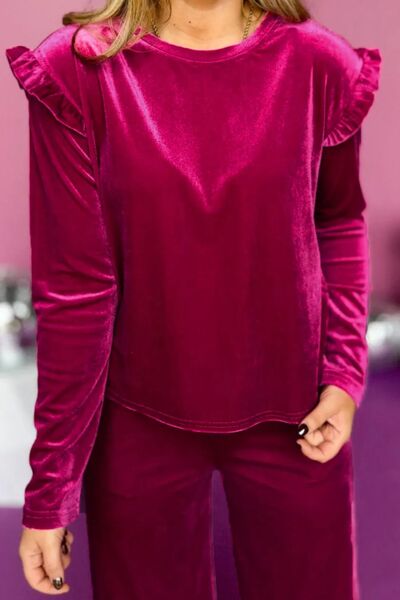 Velvet Round Neck Long Sleeve Top and Drawstring Pants Lounge Set for a perfect OOTD – dress to impress outfits from Amexza