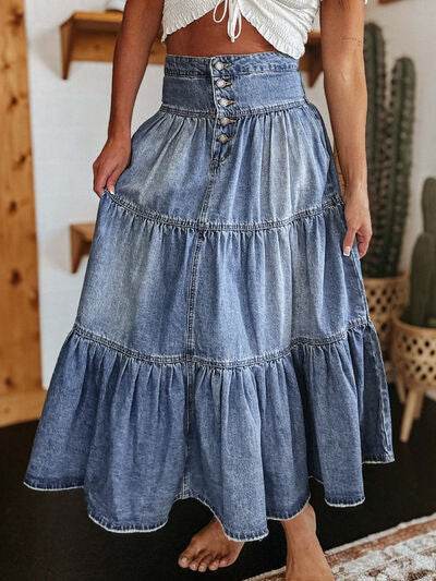 Tiered Button-Fly Denim Skirt for a perfect OOTD – dress to impress outfits from Amexza