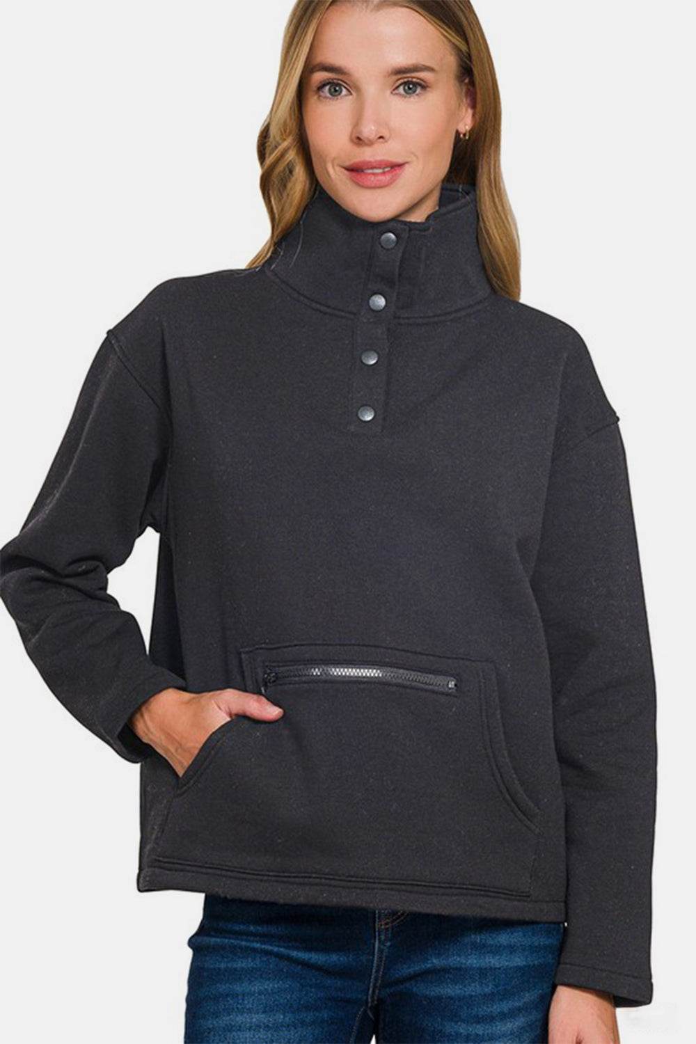 Zenana Turtleneck Half Snap Fleece Sweatshirt Black for a perfect OOTD – dress to impress outfits from Amexza