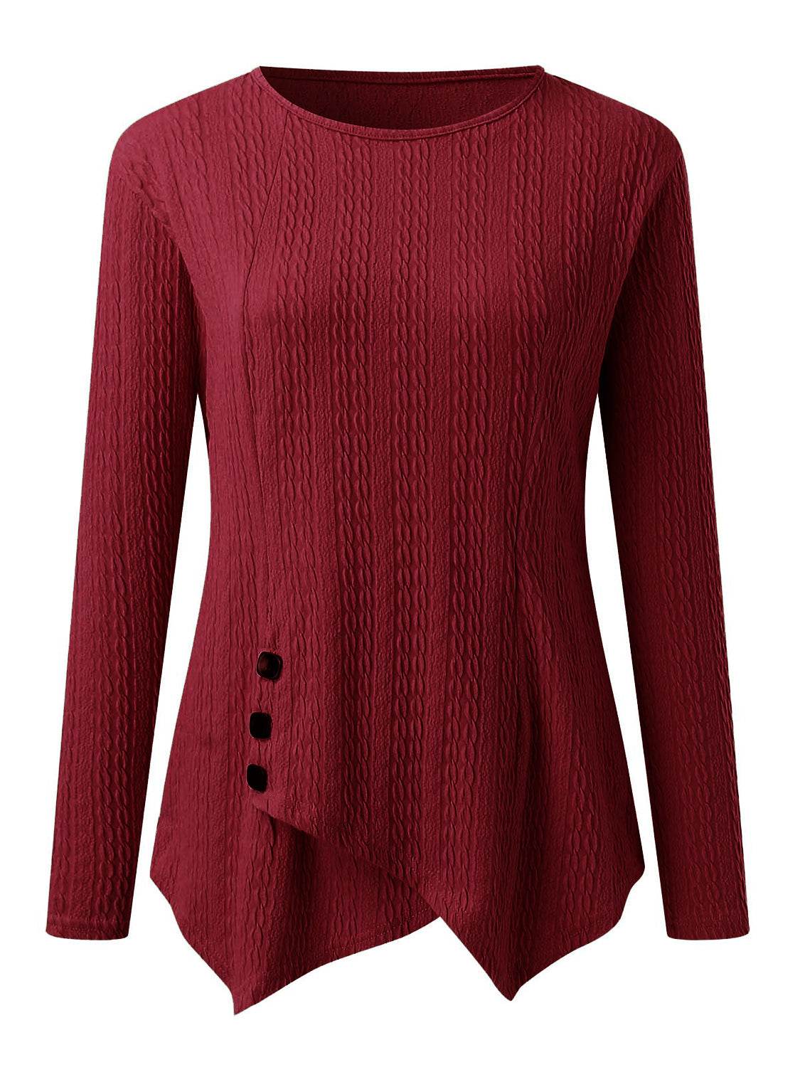 Decorative Button Round Neck Long Sleeve Top - Amexza