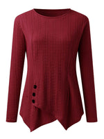 Decorative Button Round Neck Long Sleeve Top - Amexza