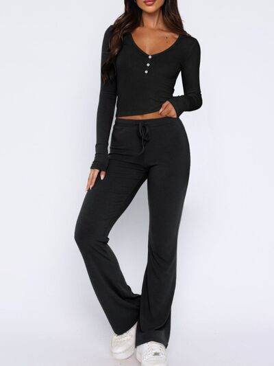 V-Neck Long Sleeve Top and Pants Set - Amexza