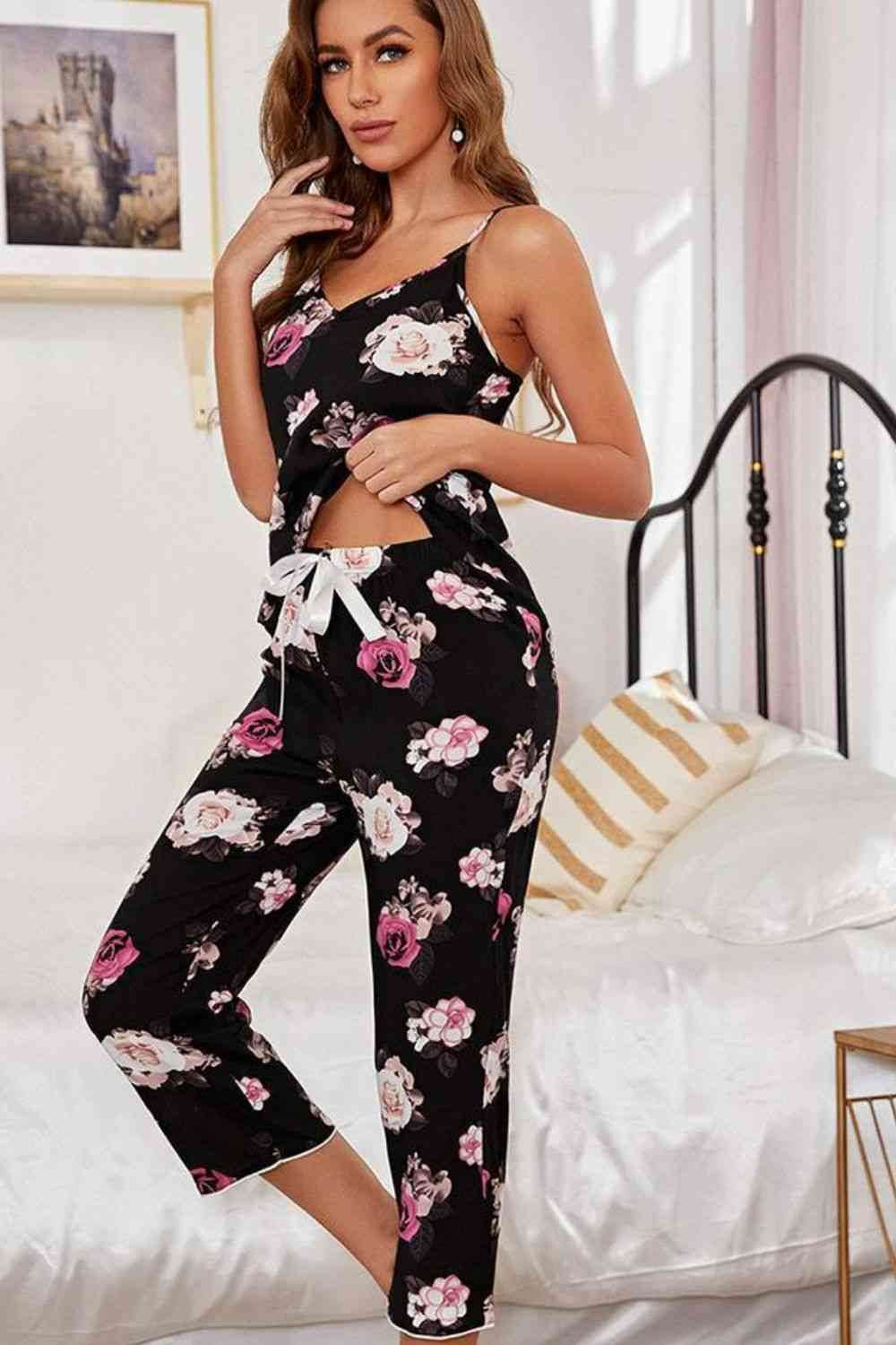 Floral V-Neck Cami and Cropped Pants Lounge Set for a perfect OOTD – dress to impress outfits from Amexza