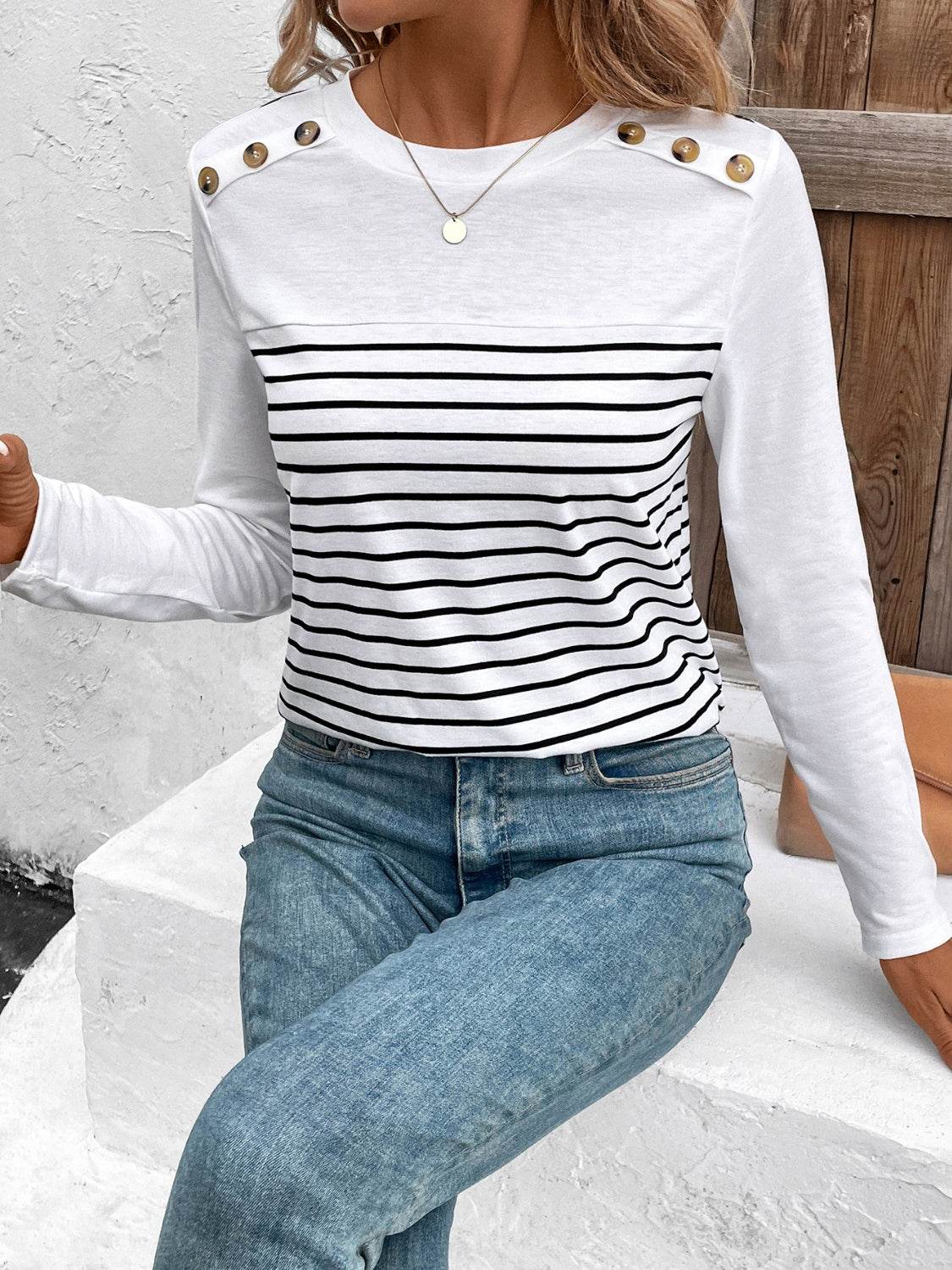 Decorative Button Striped Round Neck Long Sleeve T-Shirt for a perfect OOTD – dress to impress outfits from Amexza