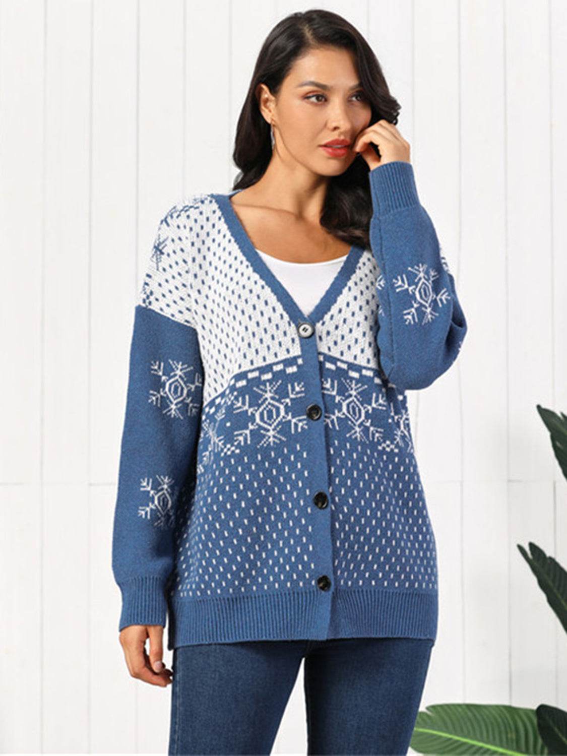 Snowflake Button Down Cardigan Dusty Blue for a perfect OOTD – dress to impress outfits from Amexza