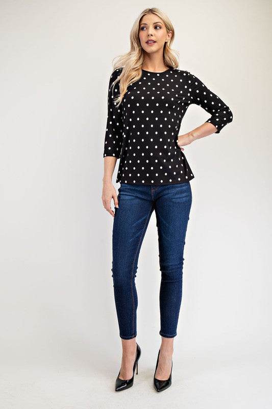 Celeste Full Size Polka Dot Round Neck Three-Quarter Sleeve T-Shirt for a perfect OOTD – dress to impress outfits from Amexza