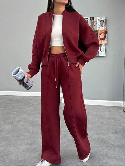 Baseball Collar Zip Up Top and Drawstring Paants Set for a perfect OOTD – dress to impress outfits from Amexza