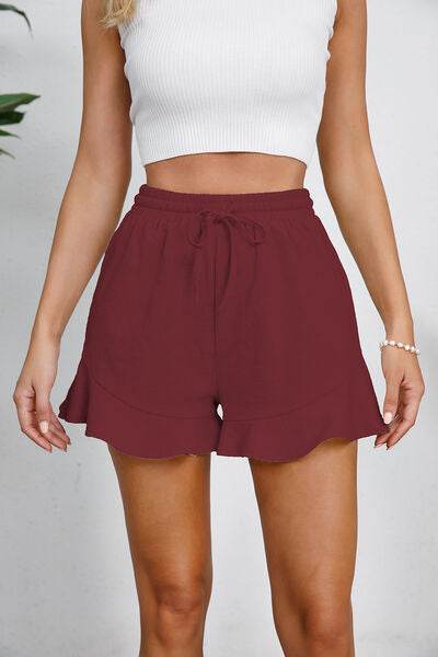 Full Size Drawstring Ruffle Hem Shorts Wine for a perfect OOTD – dress to impress outfits from Amexza