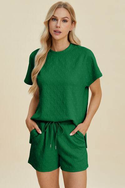 Double Take Full Size Texture Round Neck Short Sleeve Top and Shorts Set Dark Green for a perfect OOTD – dress to impress outfits from Amexza