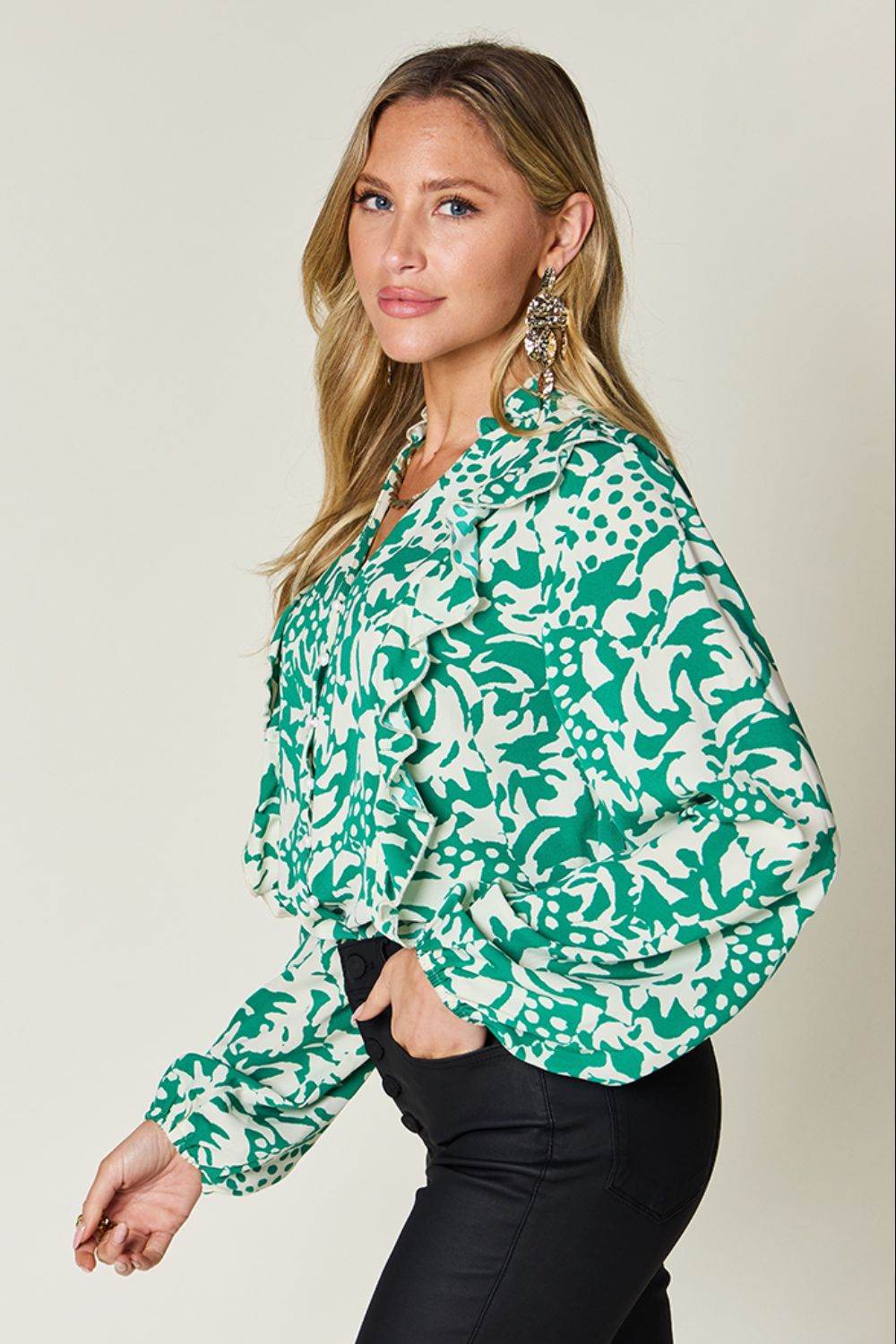Double Take Full Size Printed Ruffle Trim Balloon Sleeve Shirt - Amexza