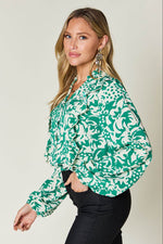 Double Take Full Size Printed Ruffle Trim Balloon Sleeve Shirt - Amexza