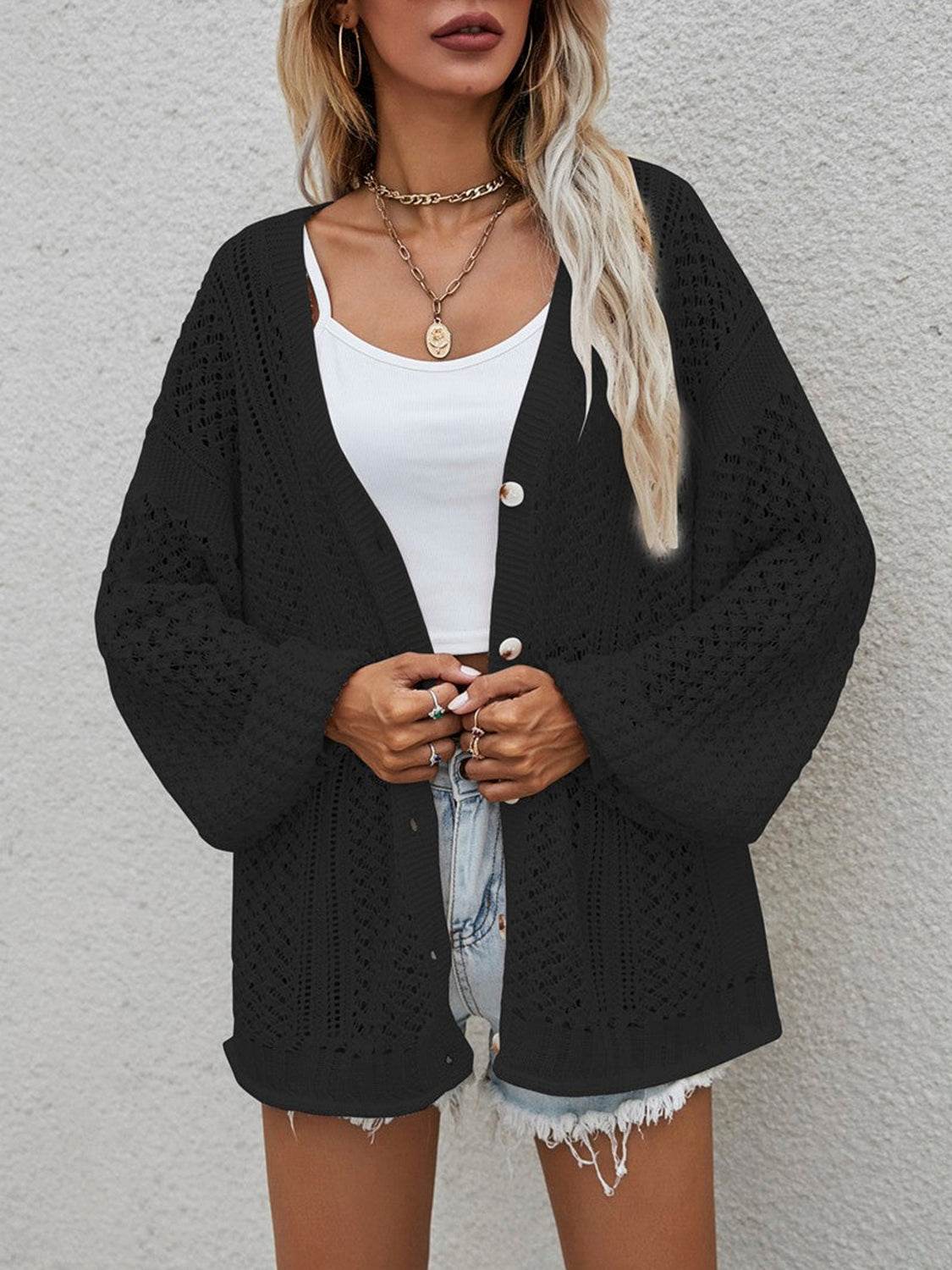 Openwork Button Front Cardigan for a perfect OOTD – dress to impress outfits from Amexza