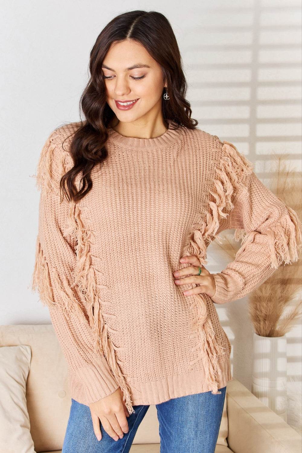 And The Why Tassel Detail Long Sleeve Sweater DUSTY PINK for a perfect OOTD – dress to impress outfits from Amexza