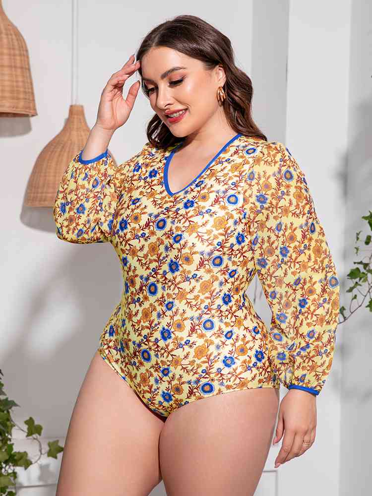 Plus Size Floral Open Back Long Sleeve One-Piece Swimsuit for a perfect OOTD – dress to impress outfits from Amexza