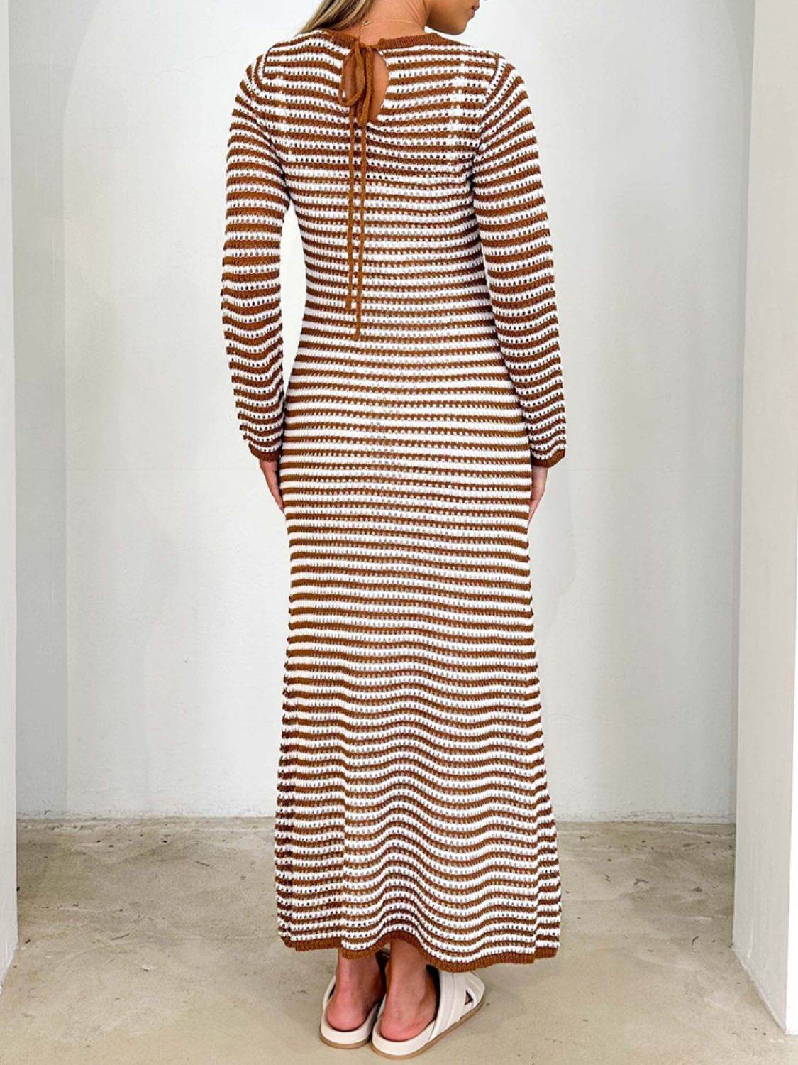 Devine Tied Round Neck Striped Sweater Dress Caramel for a perfect OOTD – dress to impress outfits from Amexza