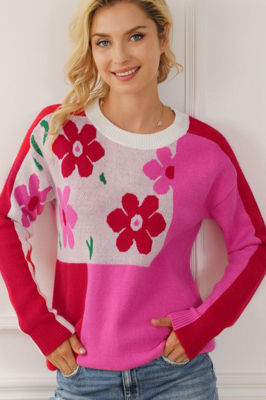 Flower Color Block Round Neck Sweater