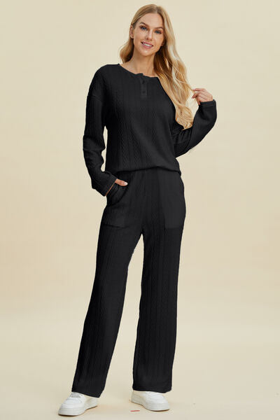 Double Take Full Size Cable-Knit Long Sleeve Top and Pants Set for a perfect OOTD – dress to impress outfits from Amexza