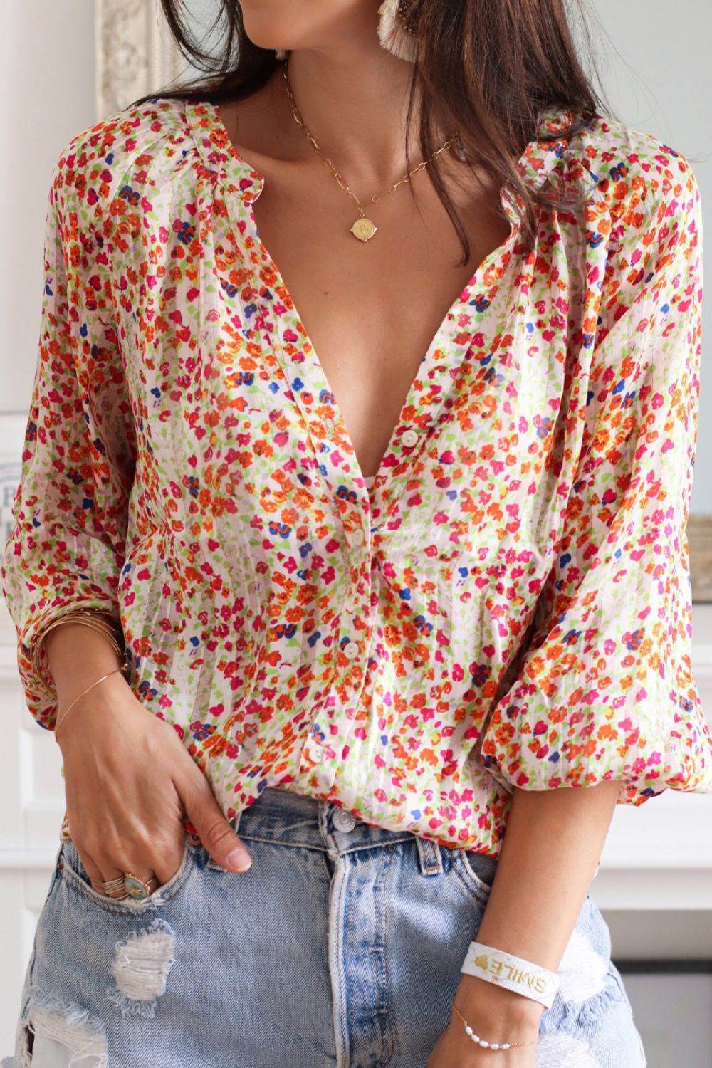 Printed Notched Long Sleeve Shirt Floral for a perfect OOTD – dress to impress outfits from Amexza