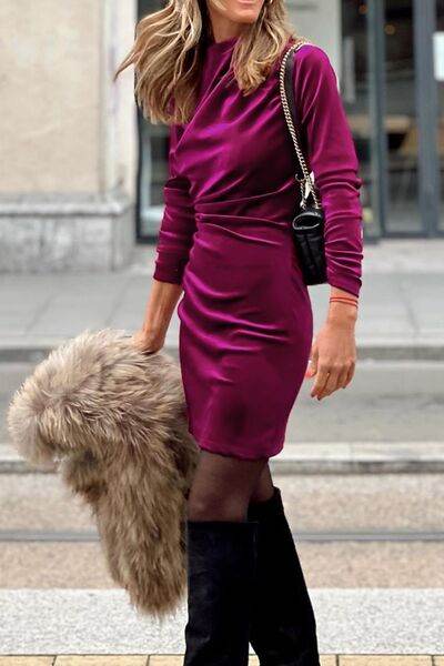 Ruched Mock Neck Long Sleeve Dress for a perfect OOTD – dress to impress outfits from Amexza