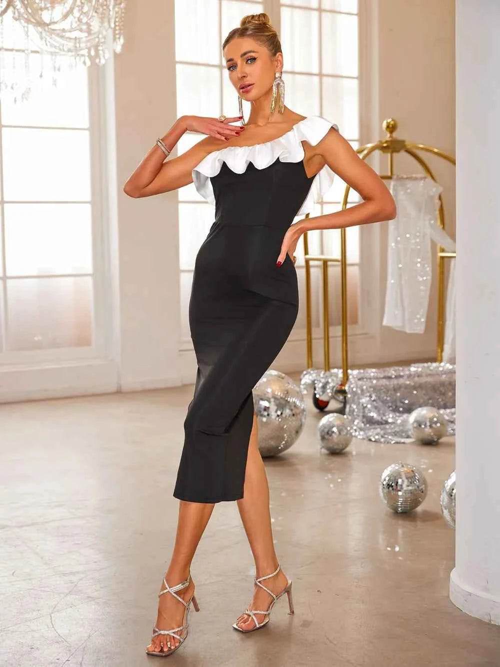 Slit Contrast Single Shoulder Midi Dress Black for a perfect OOTD – dress to impress outfits from Amexza