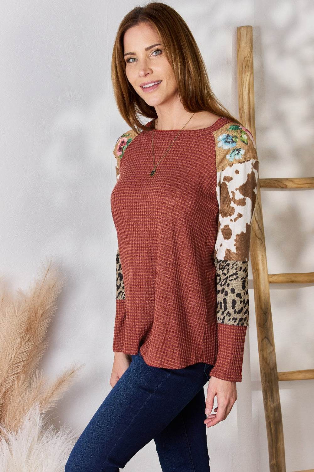 Hailey & Co Full Size Leopard Waffle-Knit Blouse - Amexza