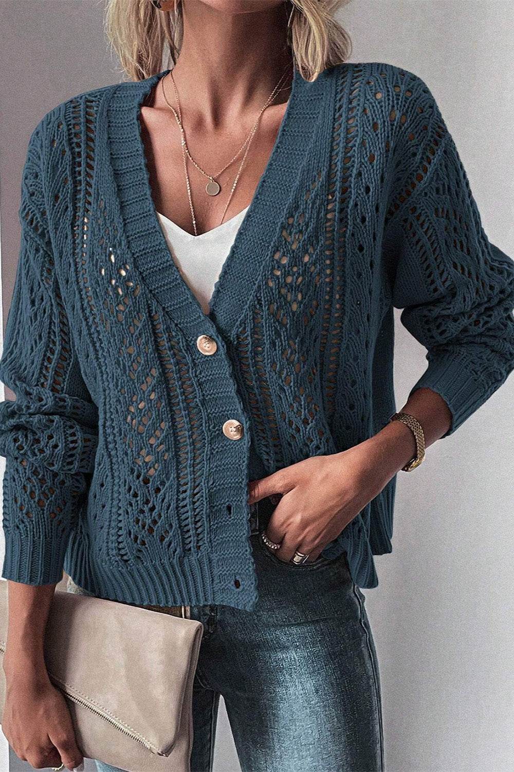 Openwork Button Up Long Sleeve Cardigan Peacock Blue for a perfect OOTD – dress to impress outfits from Amexza