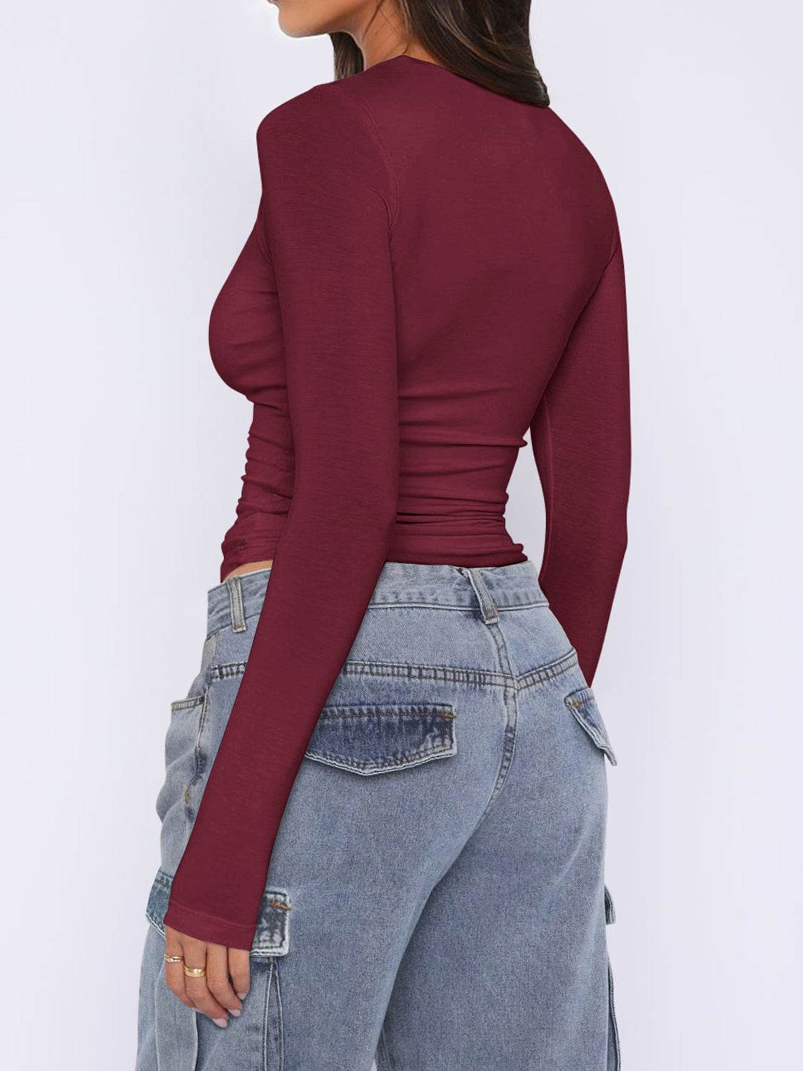 Ruched Asymmetrical Neck Long Sleeve T-Shirt - Amexza