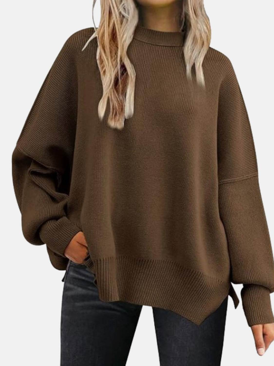 Round Neck Drop Shoulder Slit Sweater Chocolate for a perfect OOTD – dress to impress outfits from Amexza