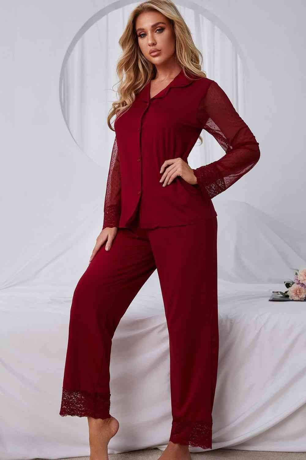 Spliced Lace Lapel Collar Pajama Set for a perfect OOTD – dress to impress outfits from Amexza