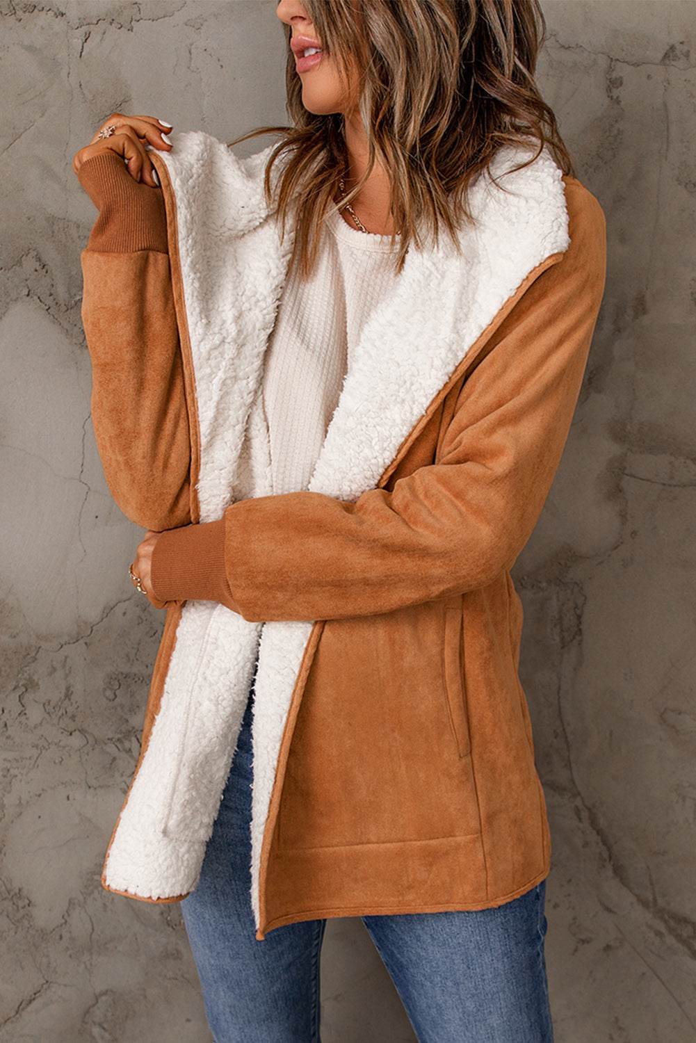 Open Front Long Sleeve Sherpa Jacket for a perfect OOTD – dress to impress outfits from Amexza