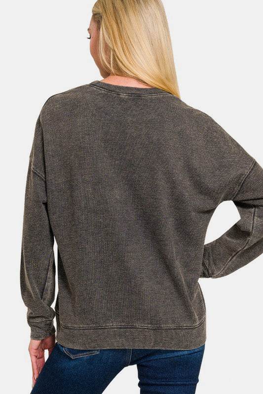 Zenana Washed Round Neck Dropped Shoulder Sweatshirt - Amexza