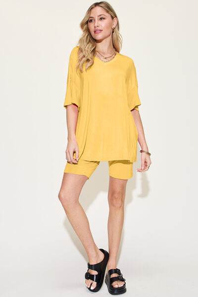 Basic Bae Bamboo Full Size V-Neck Drop Shoulder T-Shirt and Shorts Set for a perfect OOTD – dress to impress outfits from Amexza