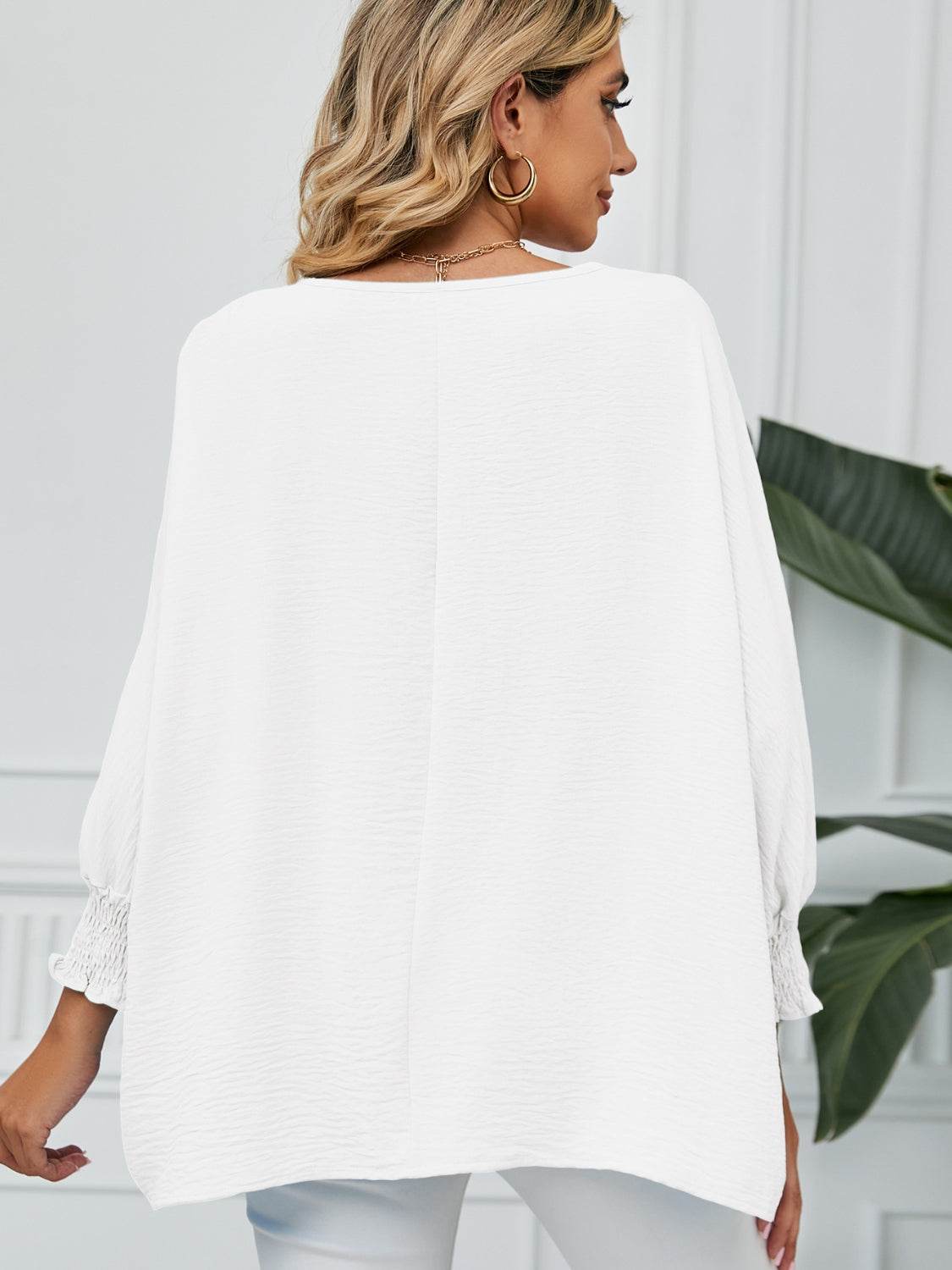 Smocked Lantern Sleeve Round Neck Blouse for a perfect OOTD – dress to impress outfits from Amexza