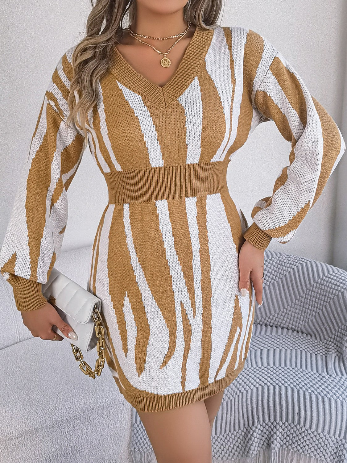 Animal Print V-Neck Long Sleeve Sweater Dress for a perfect OOTD – dress to impress outfits from Amexza