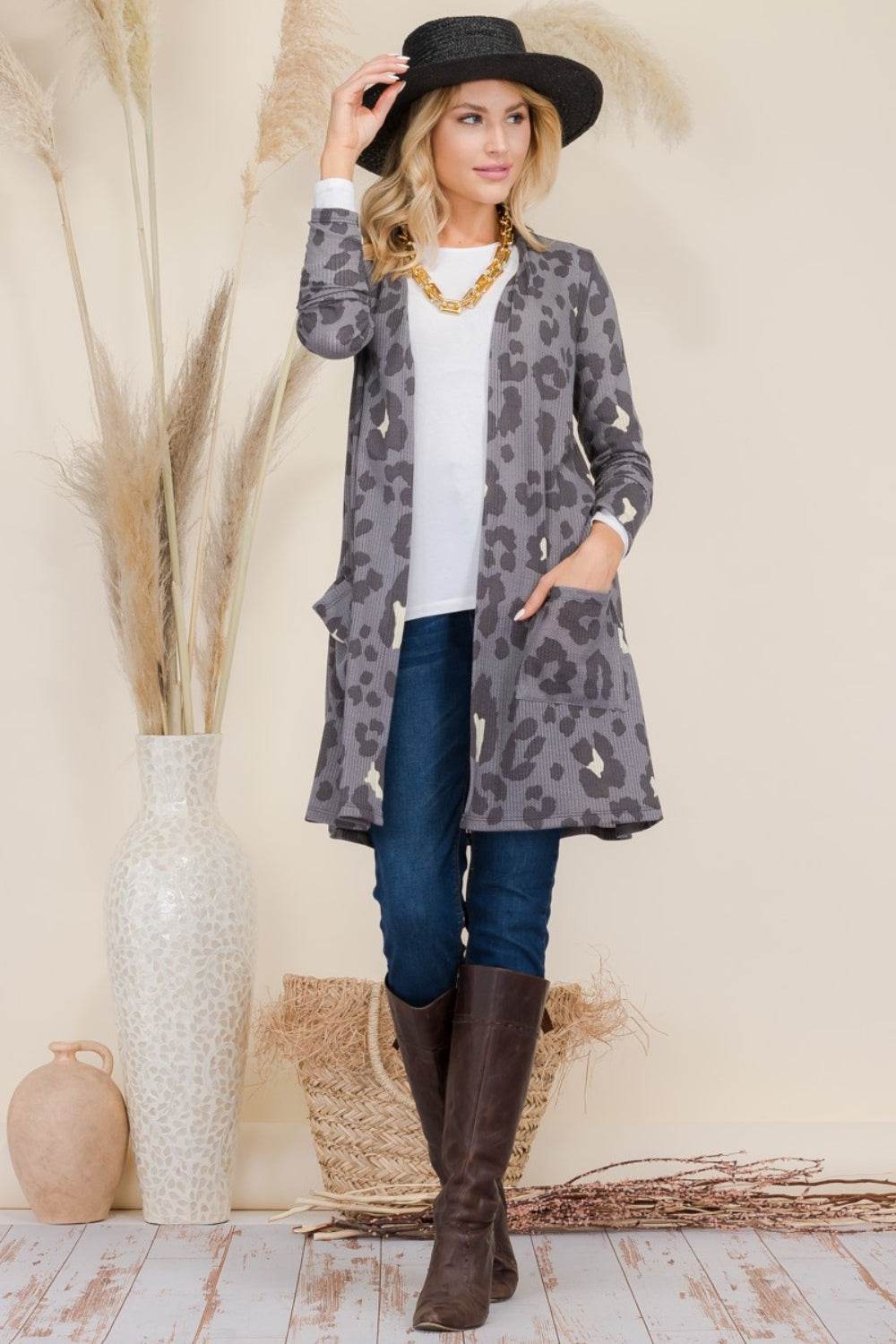 Celeste Full Size Leopard Open Front Contrast Cardigan Grey Leopard for a perfect OOTD – dress to impress outfits from Amexza