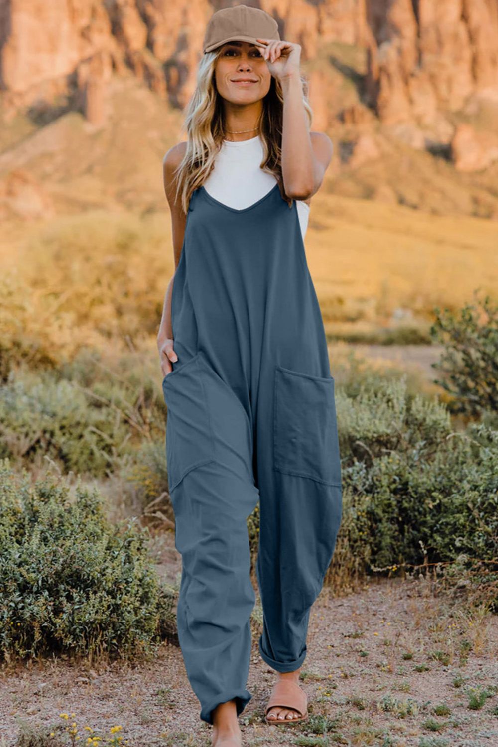 Double Take Full Size V-Neck Sleeveless Jumpsuit with Pockets French Blue for a perfect OOTD – dress to impress outfits from Amexza