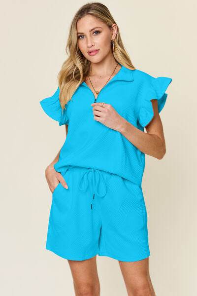 Double Take Full Size Texture Flounce Sleeve Top and Drawstring Shorts Set Aqua for a perfect OOTD – dress to impress outfits from Amexza