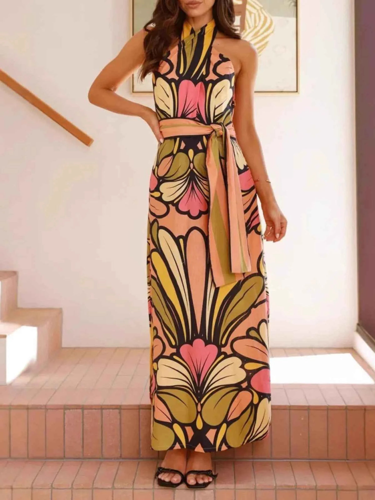 Printed Halter Neck Maxi Cami Dress