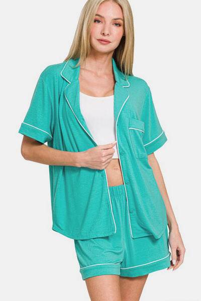 Zenana Button Down Short Sleeve Top and Shorts Lounge Set for a perfect OOTD – dress to impress outfits from Amexza